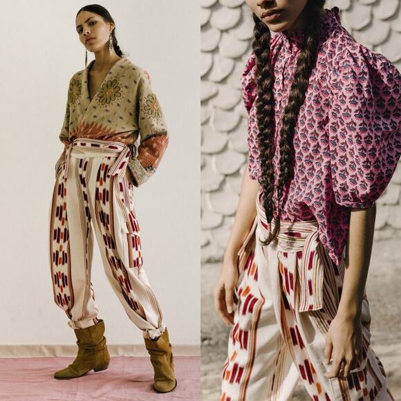 Alix of Bohemia Painter Indian Summer Wide Leg Pants Size XS Cream Burgundy - Picture 1 of 10